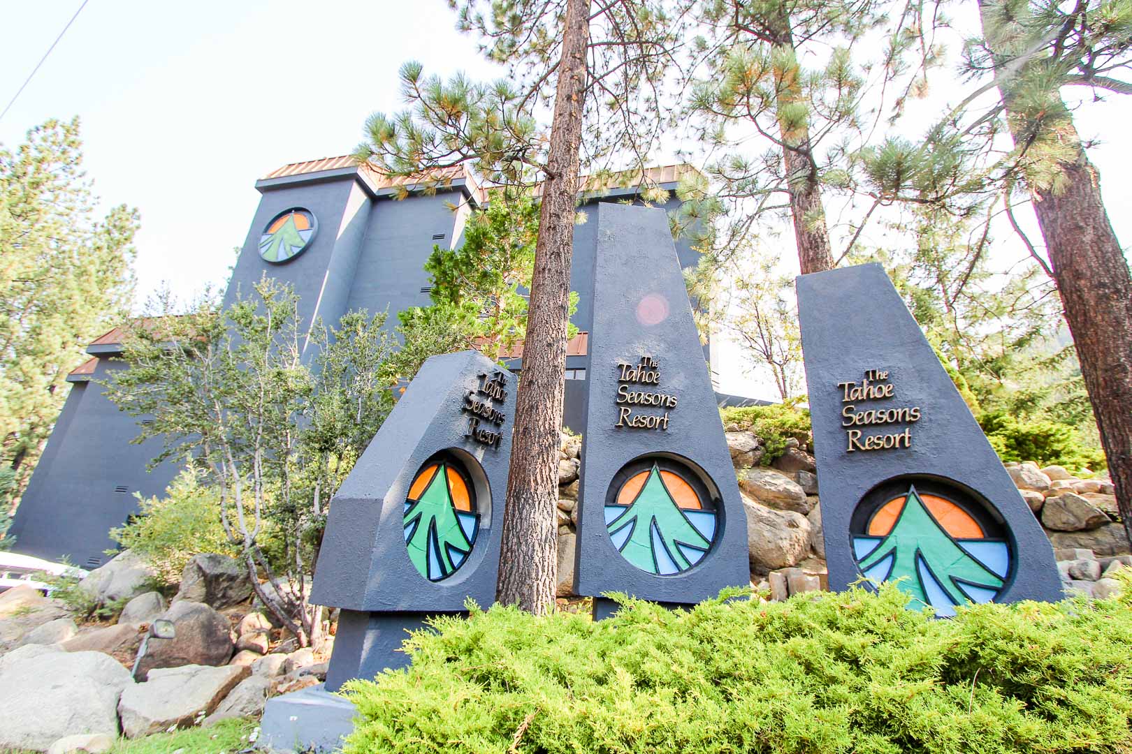 A stoic resort entrance at VRI's Tahoe Seasons Resort in California.